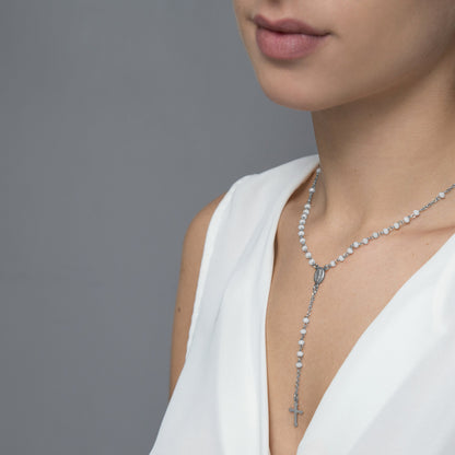 WHITE CRYSTAL ROSARY NECKLACE - SILVER